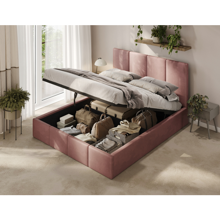 Polsterbett in Altrosa für modernes Schlafzimmer.